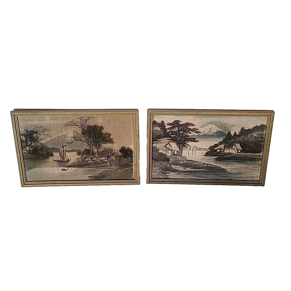 Japanese Silk Embroidery Tapestry Art Set Of 2 Textile Art VTG Green/Gold Frames